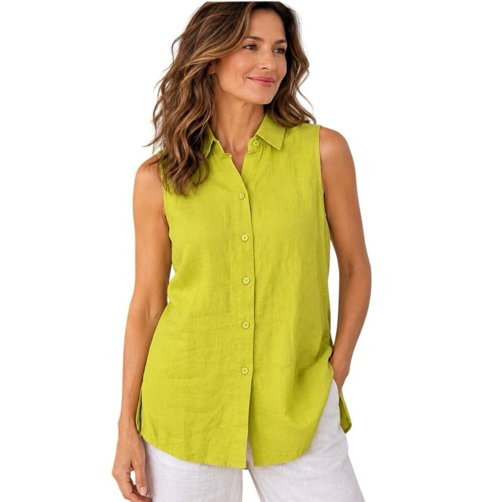 Eileen Fisher Linen Button Front Shirt Blouse Chartreuse Lime Green Size M